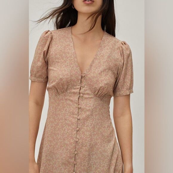 Nasty Gal Maxi Tea Dress Floral Print Button Down Puff Sleeve Size 10 - Picture 4 of 12